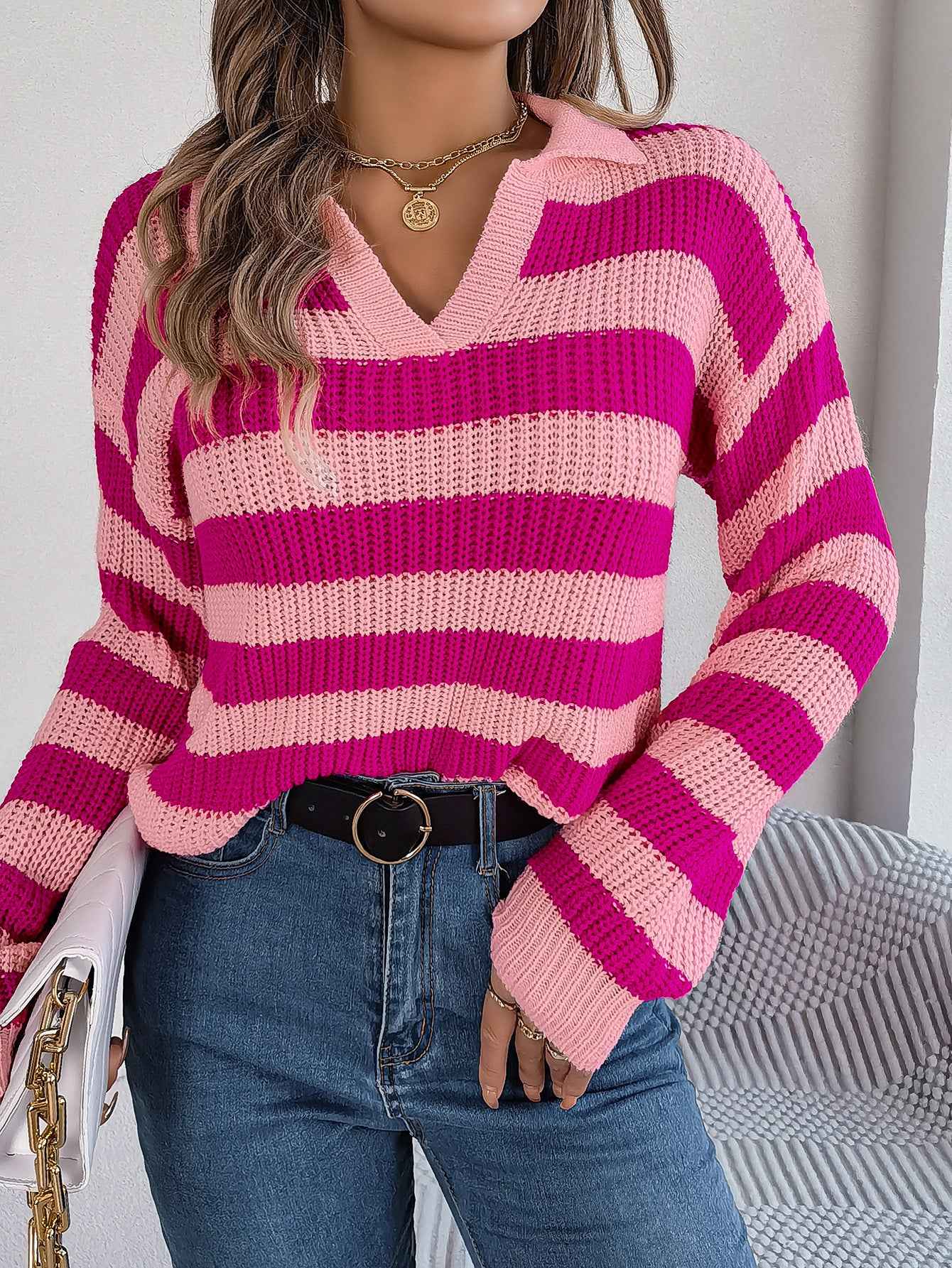 Casual Collar Contrast Color Long Sleeve Knitted Pullover Sweater