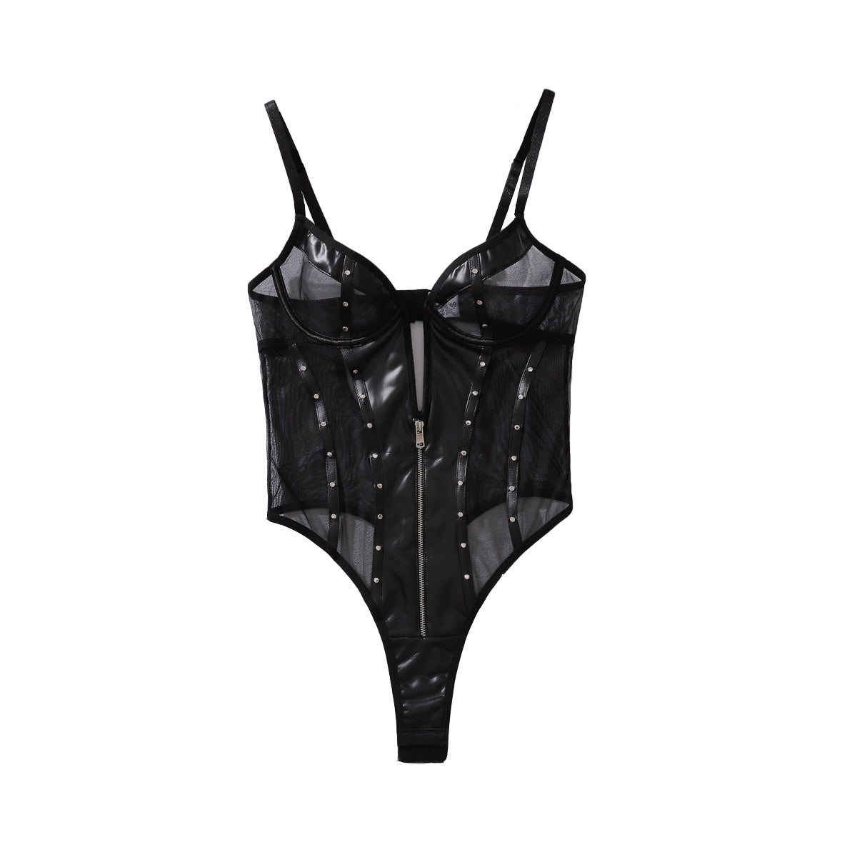See through Mesh Patchwork Faux Leather Slim Fit Rivets Lingerie
