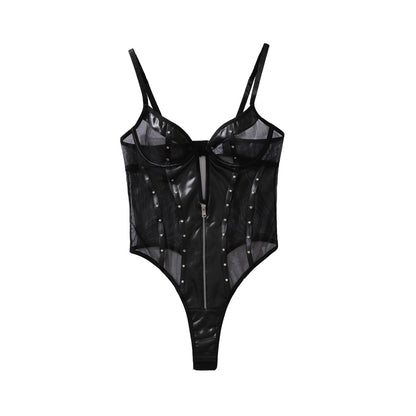 See through Mesh Patchwork Faux Leather Slim Fit Rivets Lingerie