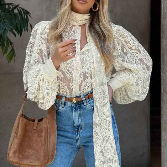French Ribbon See through Cutout Blouse