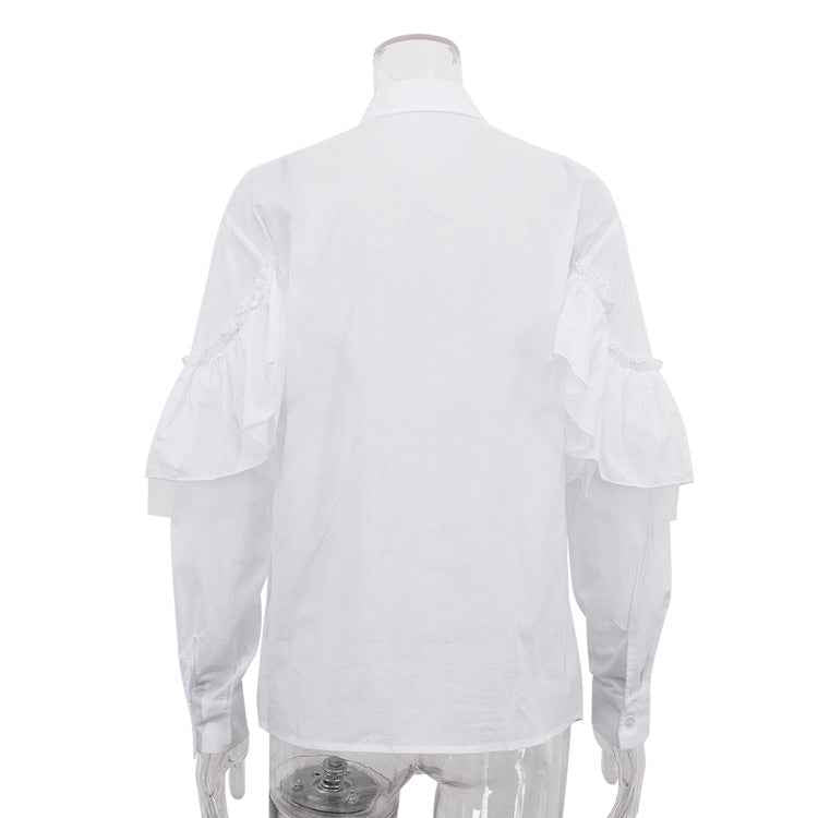 Ruffled Polo Collar Long Sleeve Blouse