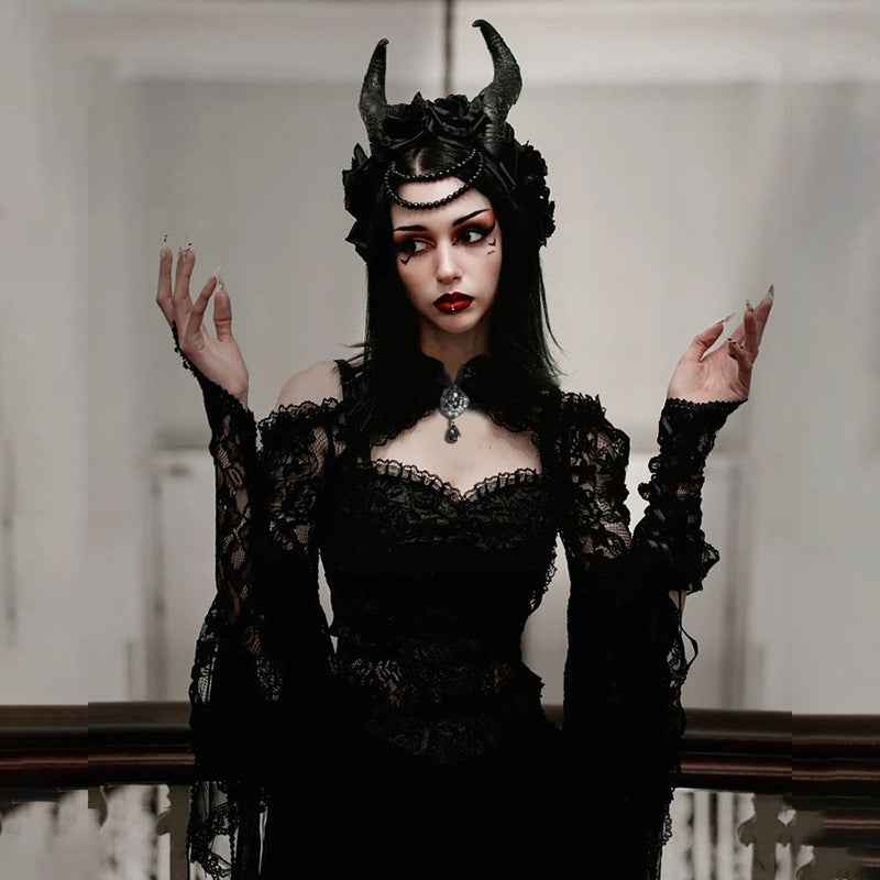 Gothic Classic Lace Cover Ups Women Mesh Crop Top See Through Sexy Flare Sleeve Blouse Y2k Black Rave Outfit Festival