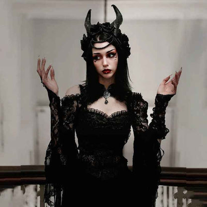 Gothic Classic Lace Cover Ups Women Mesh Crop Top See Through Sexy Flare Sleeve Blouse Y2k Black Rave Outfit Festival