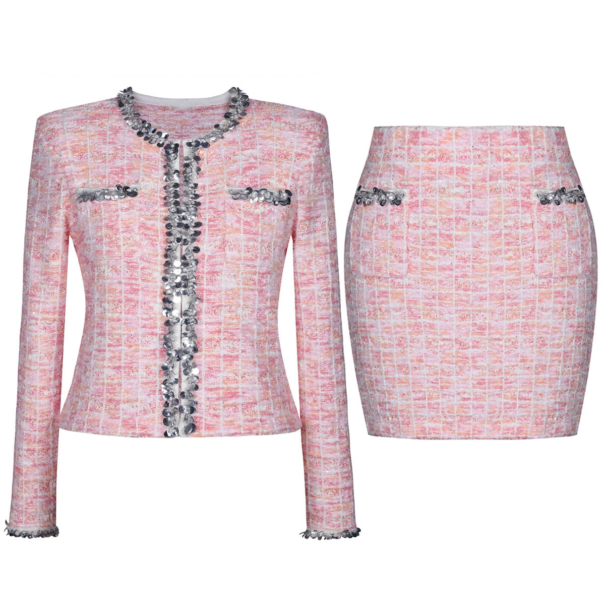 Women's Knitted Sequined Wool Cardigan Sweater + Hip Skirt