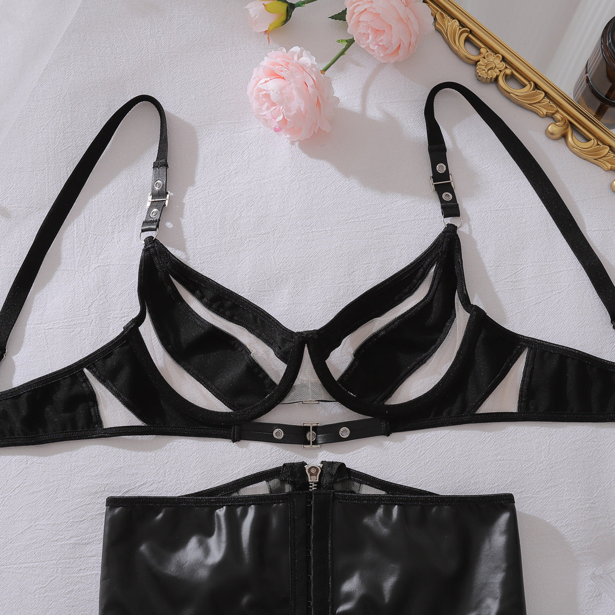 PU Leather Stitching Mesh Lingerie Three Piece Set