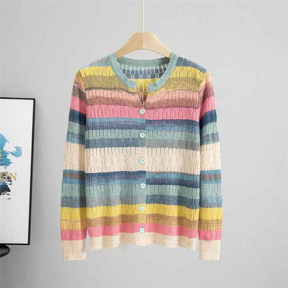 Striped Long Sleeved Loose Knitted Cardigan Sweater