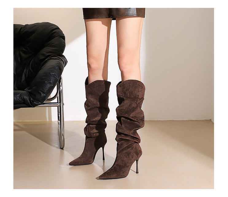 Stiletto Boots Women's Thin below the Knee Pointed Toe Pleated