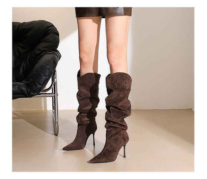 Stiletto Boots Women's Thin below the Knee Pointed Toe Pleated