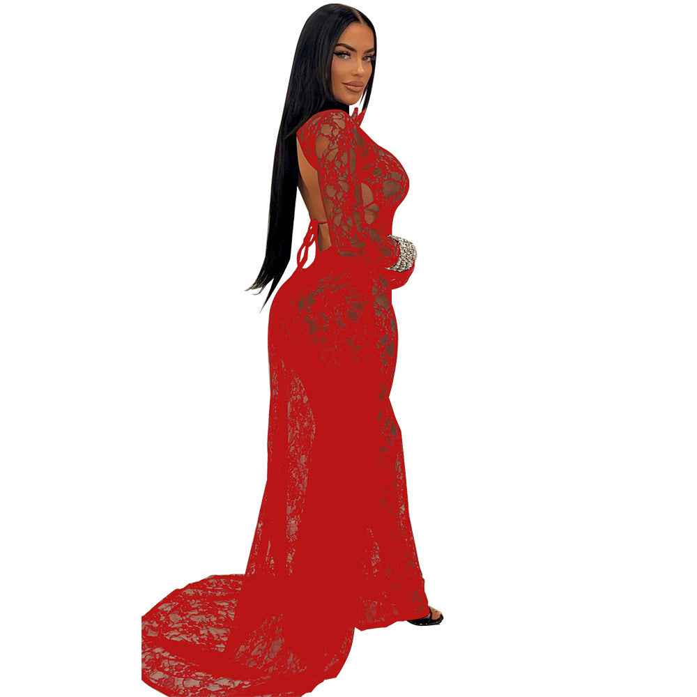 See through Lace Backless Lace up Jumpsuit