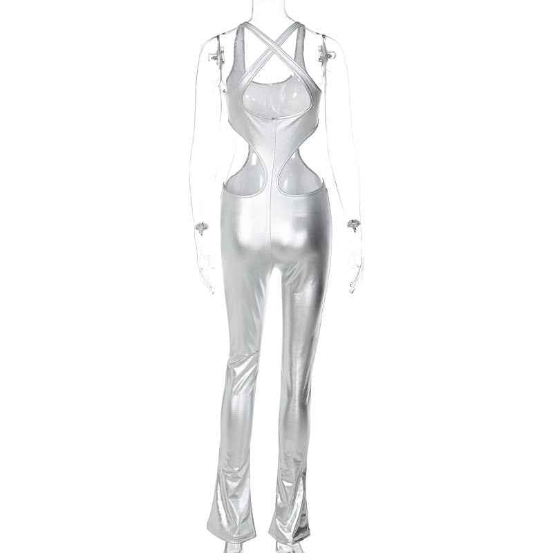 Faux Leather Sexy Cutout Backless Slim Fit Sling Jumpsuit (Medium Only)