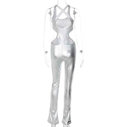 Faux Leather Sexy Cutout Backless Slim Fit Sling Jumpsuit (Medium Only)
