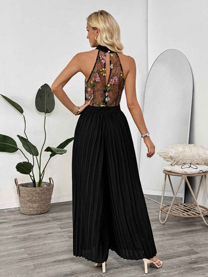 Summer Sleeveless See through Halter Lace Jumpsuit Embroidered Stitching Pleated