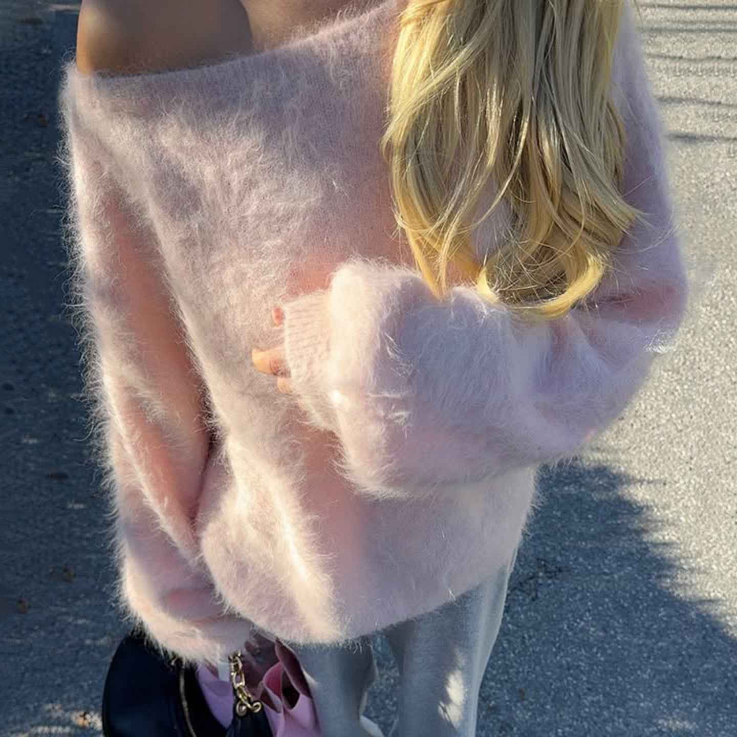 Mink Fur off Shoulder Solid Color Pullover Sweater
