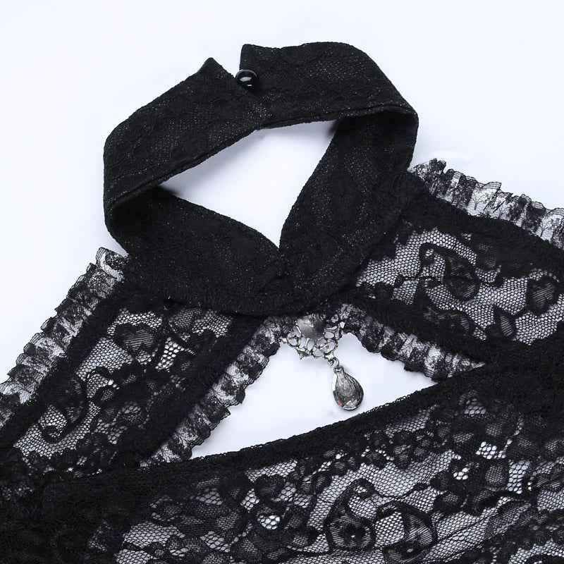 Gothic Classic Lace Cover Ups Women Mesh Crop Top See Through Sexy Flare Sleeve Blouse Y2k Black Rave Outfit Festival