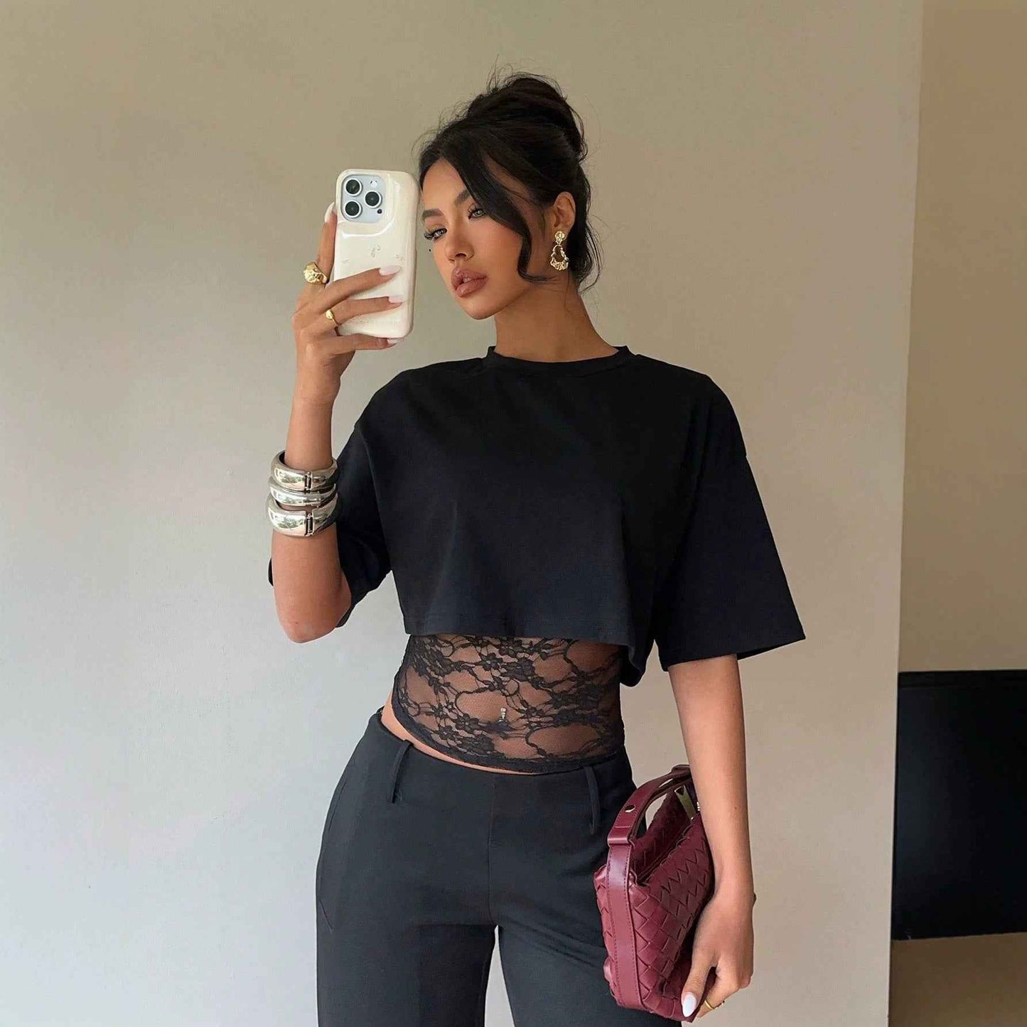 Two Piece Lace Slim Fit Patchwork T-shirt