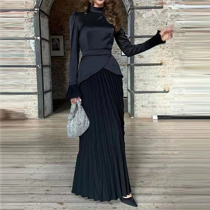 Women's New Color Contrast Patchwork Slim-fit Lace Up Long Sleeve Dress