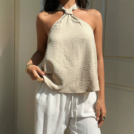 Summer Halter Spaghetti Strap Twisted Backless T-shirt