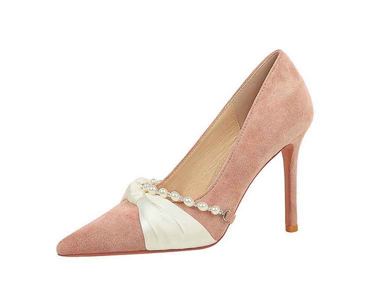 French Elegant Socialite Pearl Bow Pointed Low Cut Suede Stiletto Heel Pumps for Women