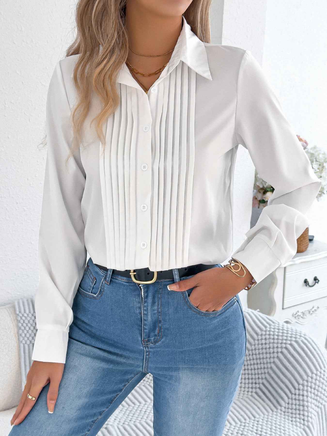Elegant Pleated Solid Color Button Blouse
