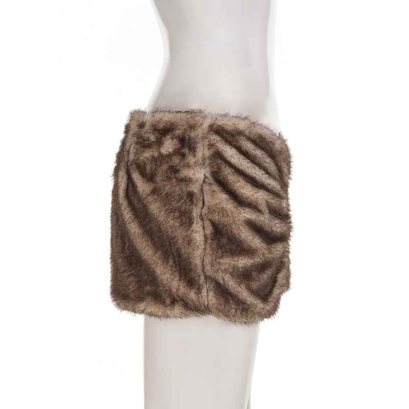 Pleated Low Waist Sexy Fur Sheath Skirt