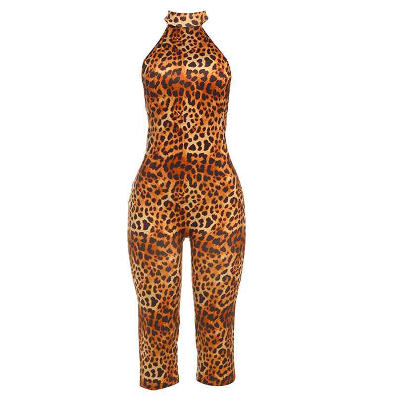 Summer Sexy Backless Halter Lace up Leopard Print Jumpsuit for Women