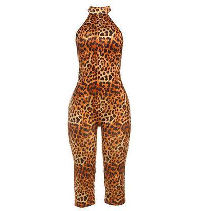 Summer Sexy Backless Halter Lace up Leopard Print Jumpsuit for Women