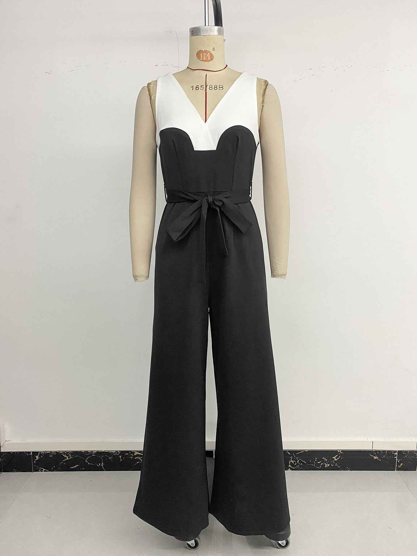 Elegant Black White Color Contrast Patchwork Sling Jumpsuit