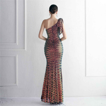 Sequined One Shoulder Appreciation Dinner Slim Fit Fishtail Wedding Dress