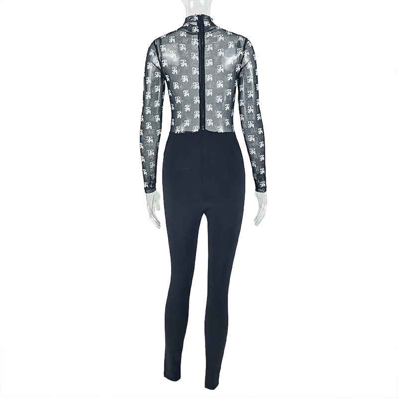 Women's Clothing Stitching Micro Transparent Sexy Print Jumpsuit