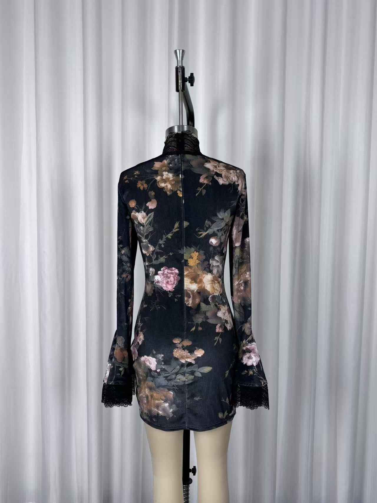 Retro Elegant Floral Print Lace Patchwork Flared Dress