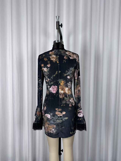 Retro Elegant Floral Print Lace Patchwork Flared Dress