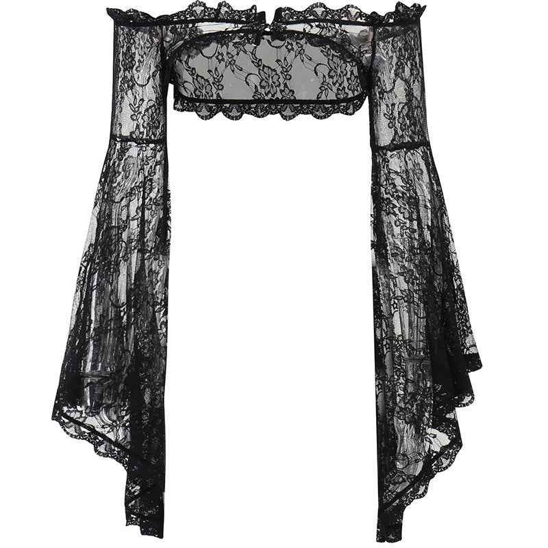 Gothic Classic Lace Cover Ups Women Mesh Crop Top See Through Sexy Flare Sleeve Blouse Y2k Black Rave Outfit Festival