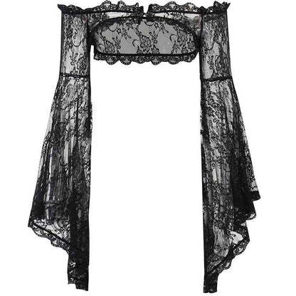 Gothic Classic Lace Cover Ups Women Mesh Crop Top See Through Sexy Flare Sleeve Blouse Y2k Black Rave Outfit Festival
