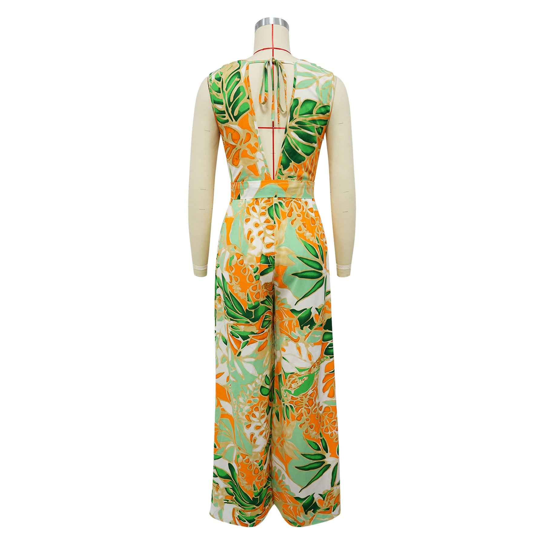 Sleeveless Lace up Wide Leg Printed Jumpsuit