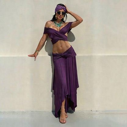 Low Cut Solid Color Irregular Asymmetric Skirt Set MUNSIEUR New Arrivals