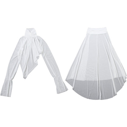 See through Turtle Bell Sleeve Split Skirt Set