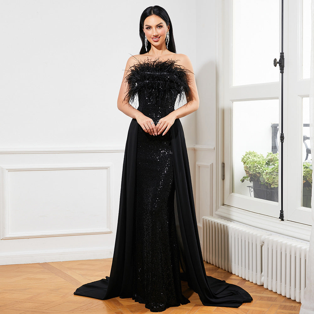 Sequined Sleeveless Feather Backless Cocktail Evening Dress