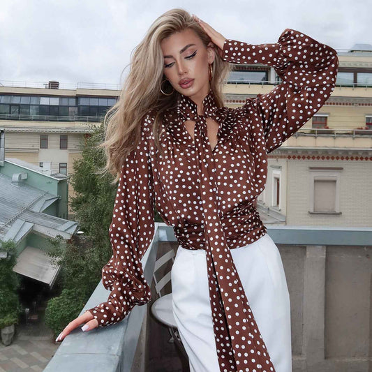 Elegance Polka Dot Cutout out Long Sleeve Blouse