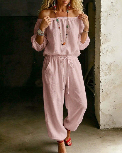 Summer Off Shoulder Top Casual Drawstring Jumpsuit for Women