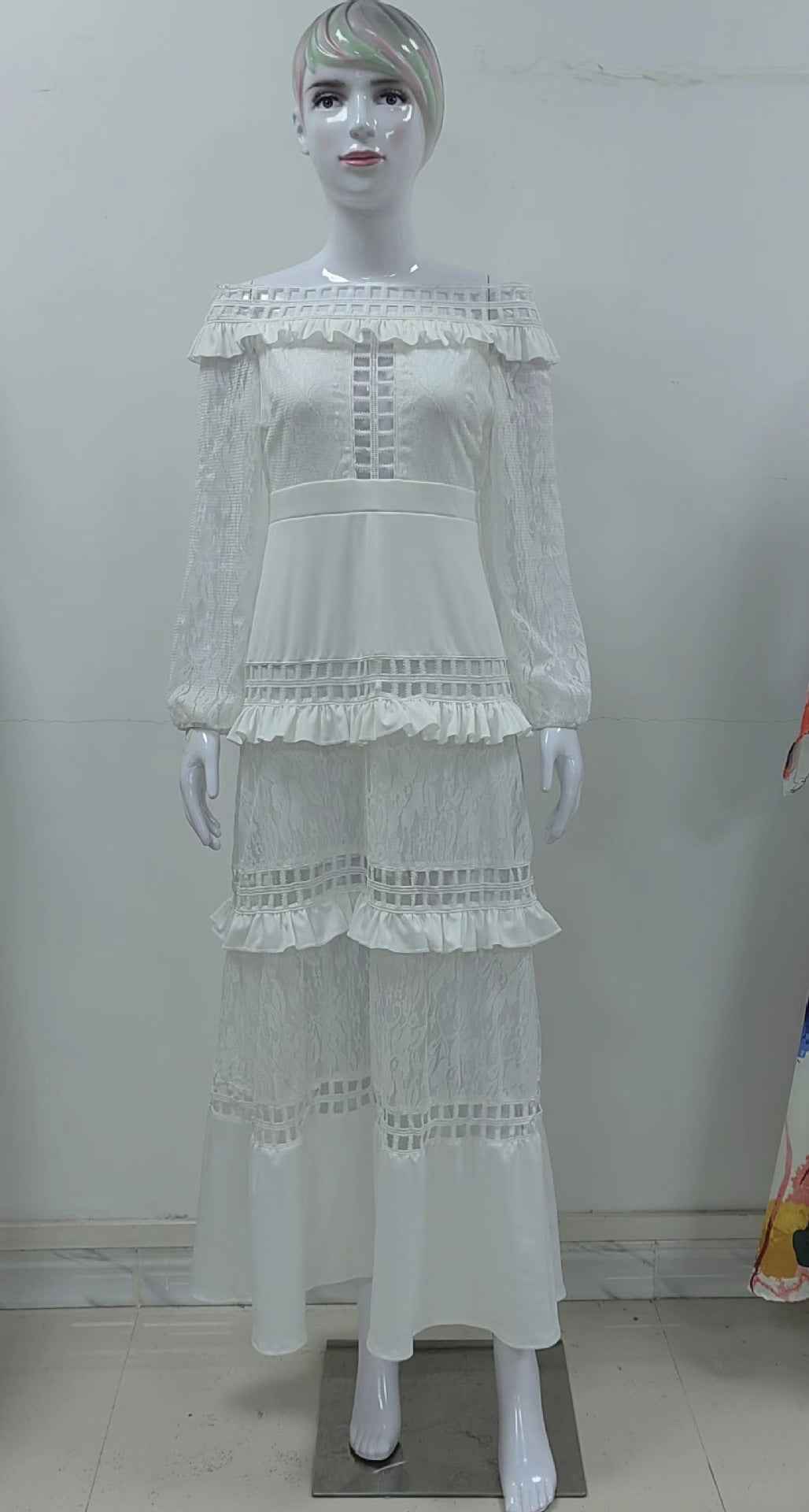 Ruffled Hollow Out Cutout Wide Hem Lace Long Dress