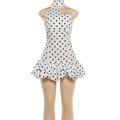 Summer Women Sexy Polka Dot Print Ribbon Waist Tight Sheath Dress