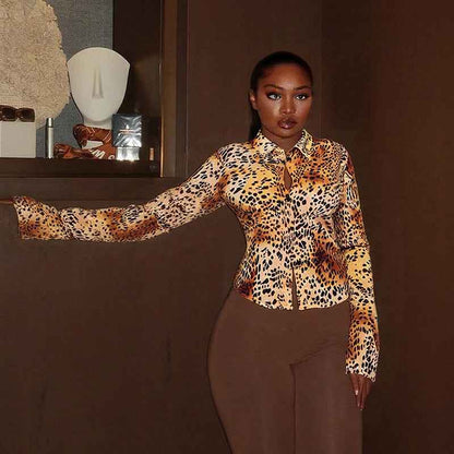 Leopard Print Slim Fit Button up Blouse