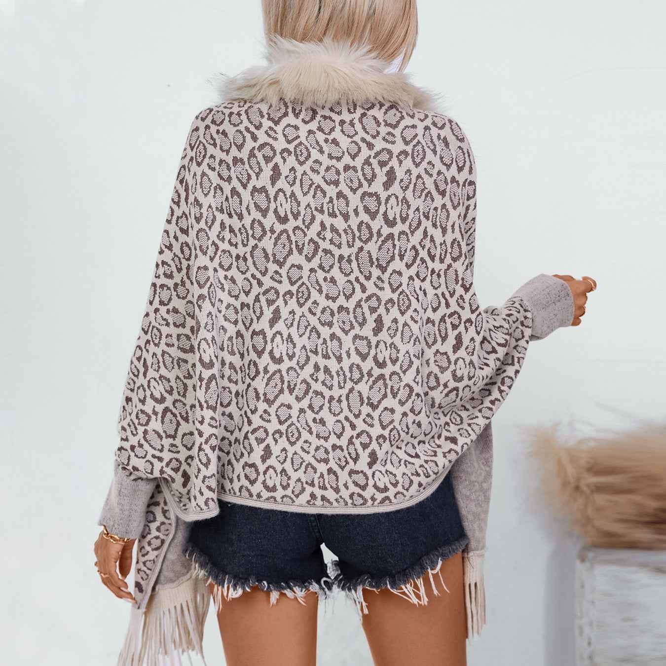 Leopard Print Fur Collar Loose Batwing Sleeve Sweater Cape Cardigan Women (one size fits all)