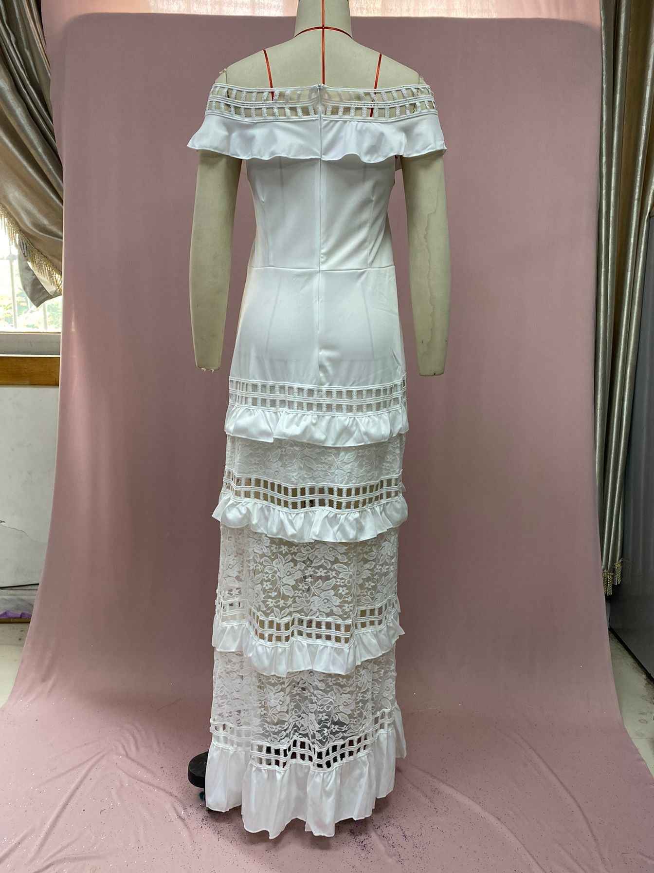 Ruffled Hollow Out Cutout Wide Hem Lace Long Dress