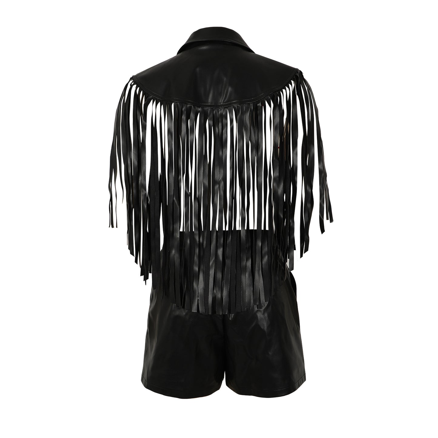 MUNSIEUR PU Leather Sleeveless Tassel Top Two Piece Bottoms Set