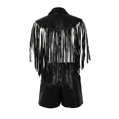 MUNSIEUR PU Leather Sleeveless Tassel Top Two Piece Bottoms Set