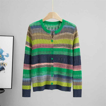 Striped Long Sleeved Loose Knitted Cardigan Sweater