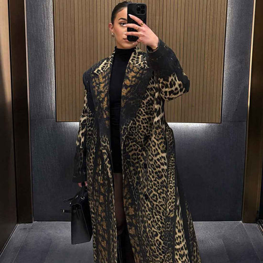 Leopard Pattern print Casual Bandage Trench Jacket