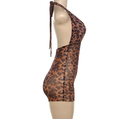 Summer Style Women's Sexy Deep V Plunge Backless Halter Butt Lifting Leopard Print Romper