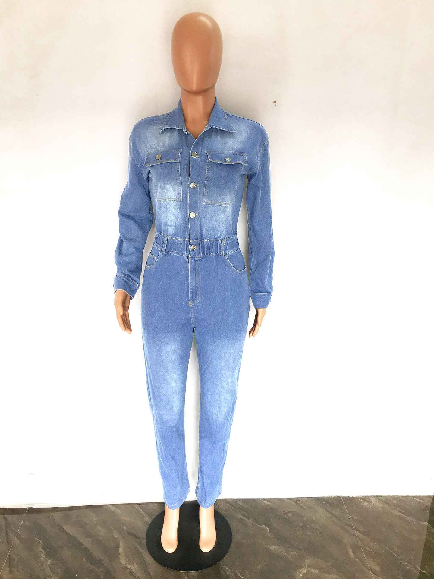Women's Slim Elastic Band Washed Denim Jumpsuit